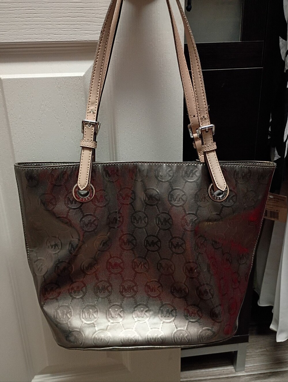 Michael Kors Metallic Silver Tote with Beige Straps